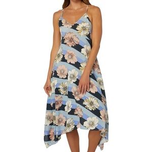 O'Neill Aries Striped Floral Dress Cover Up Spaghetti Strap Handkerchief Hem